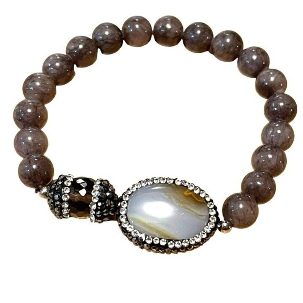 Costume Grey Agate Beaded Bracelet Stretchable w/ Crystal Capped Grey Stones